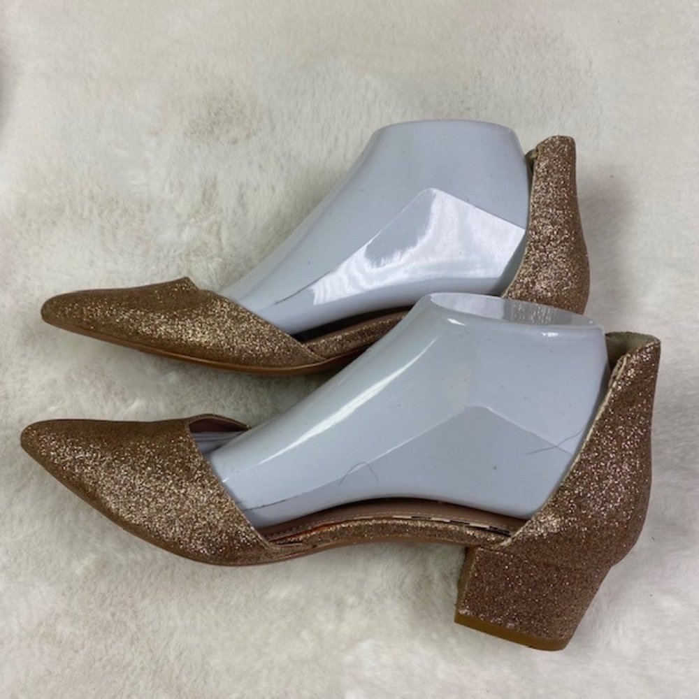Betsey Johnson Rose Gold Glitter Pointed Toe Low Block Heel Pumps - Picture 6 of 11